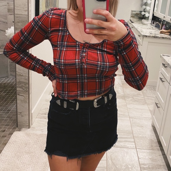 Free people red plaid long sleeve crop top - Picture 6 of 10